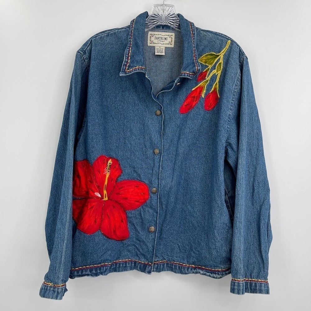VTG 90s embroidered hibiscus Hawaiian jean jacket